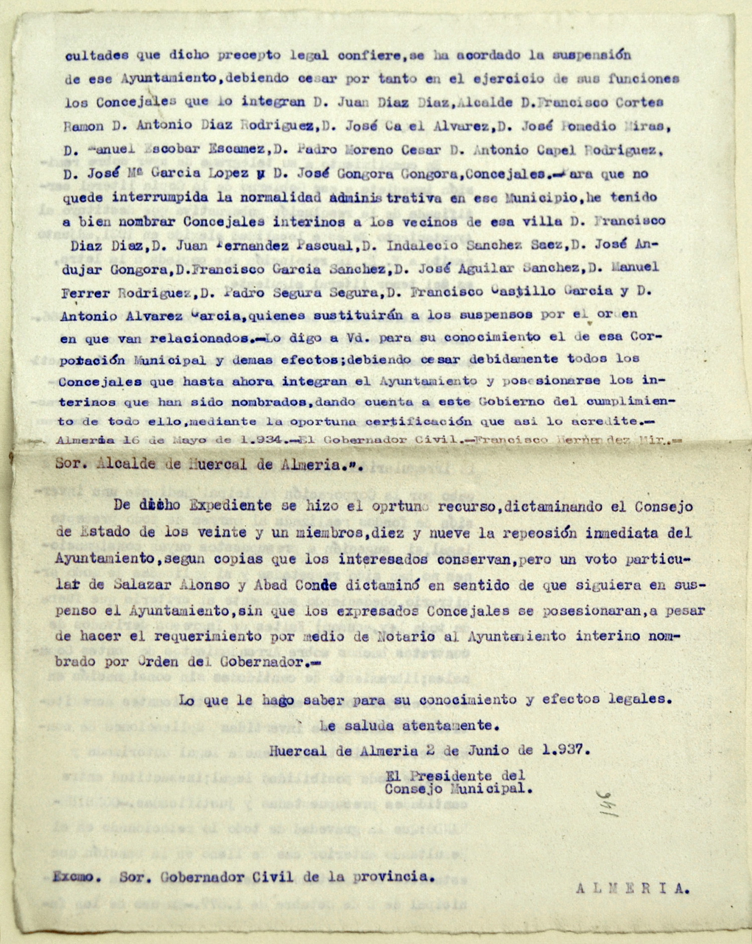 Destitución del ayuntamiento de Huércal de Almería